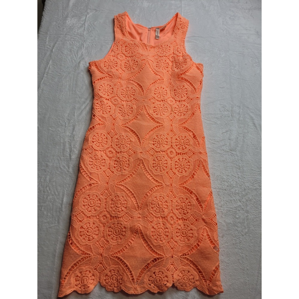 Japna Lace Shift Dress Womens Medium Orange Floral Scalloped Boho
